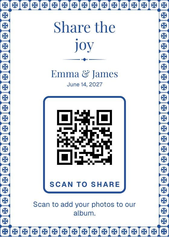 Azulejo QR code sign for sharing event photos