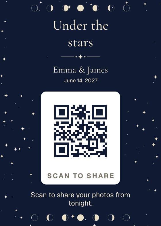 Celestial QR code sign for sharing event photos