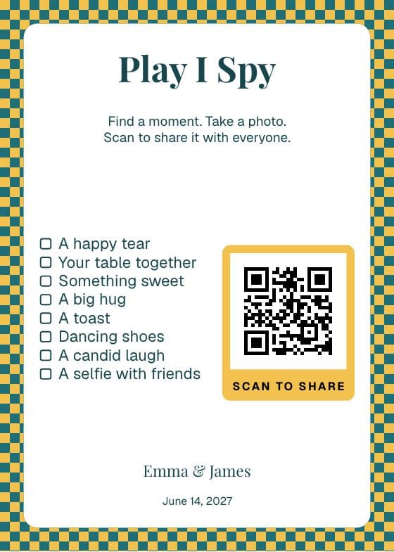 Play I Spy QR code sign for sharing event photos
