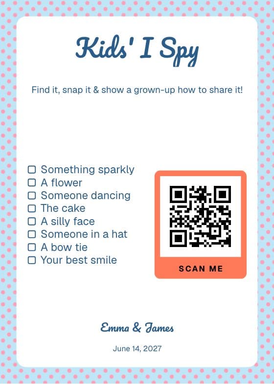 Kids' I Spy QR code sign for sharing event photos