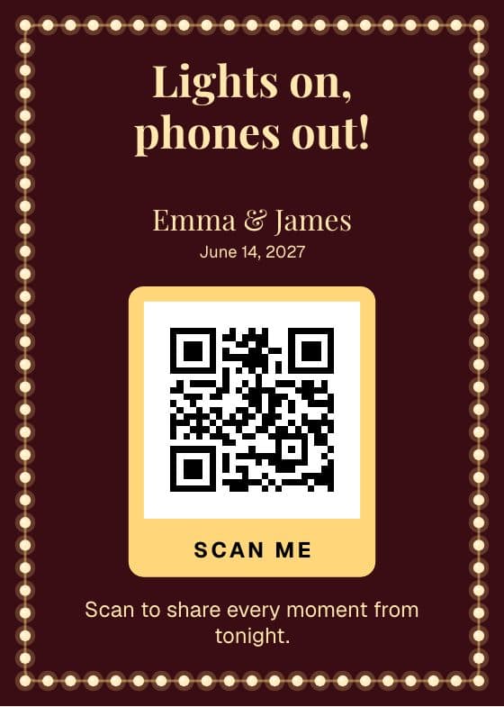 Marquee Lights QR code sign for sharing event photos