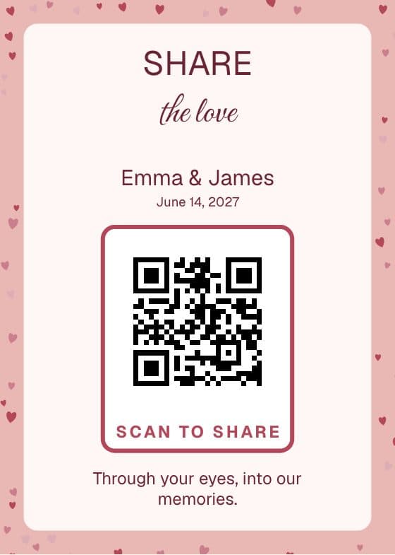 Modern Romance QR code sign for sharing event photos