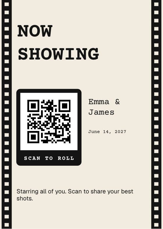 Now Showing QR code sign for sharing event photos