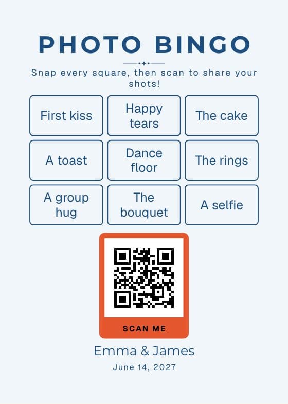 Photo Bingo QR code sign for sharing event photos
