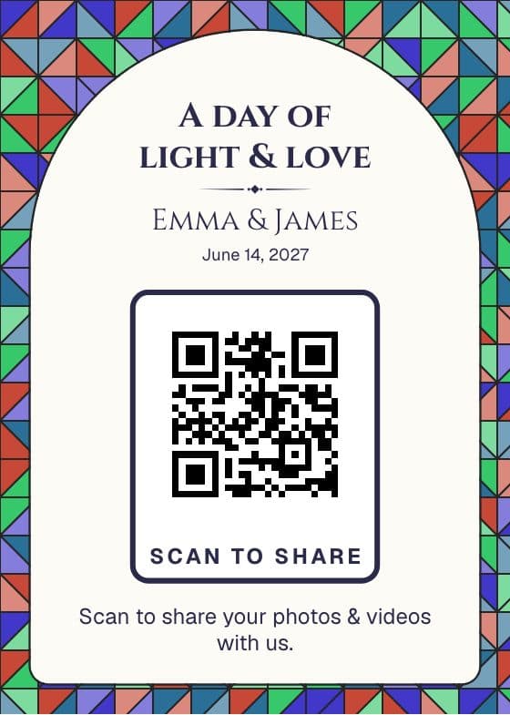 Stained Glass QR code sign for sharing event photos