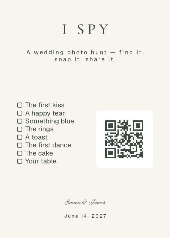 I Spy: Wedding Edition QR code sign for sharing event photos