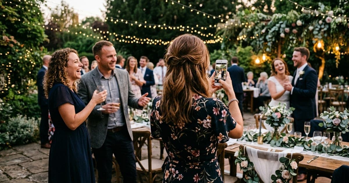 Wedding reception table with a QR code photo sharing sign surrounded by floral arrangements and guests in the background