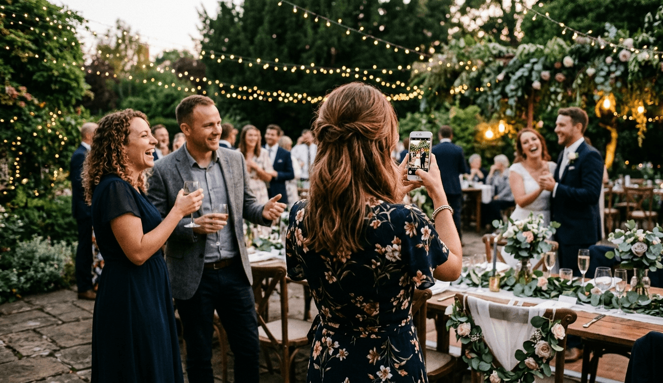Wedding reception table with a QR code photo sharing sign surrounded by floral arrangements and guests in the background