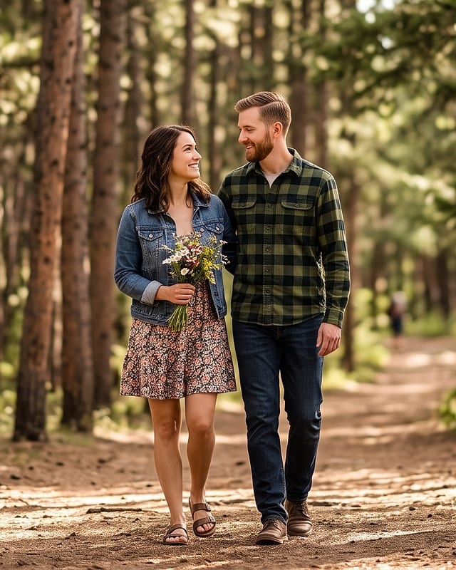 Couple walking together on a sunlit forest trail, the woman holding a bouquet of wildflowers